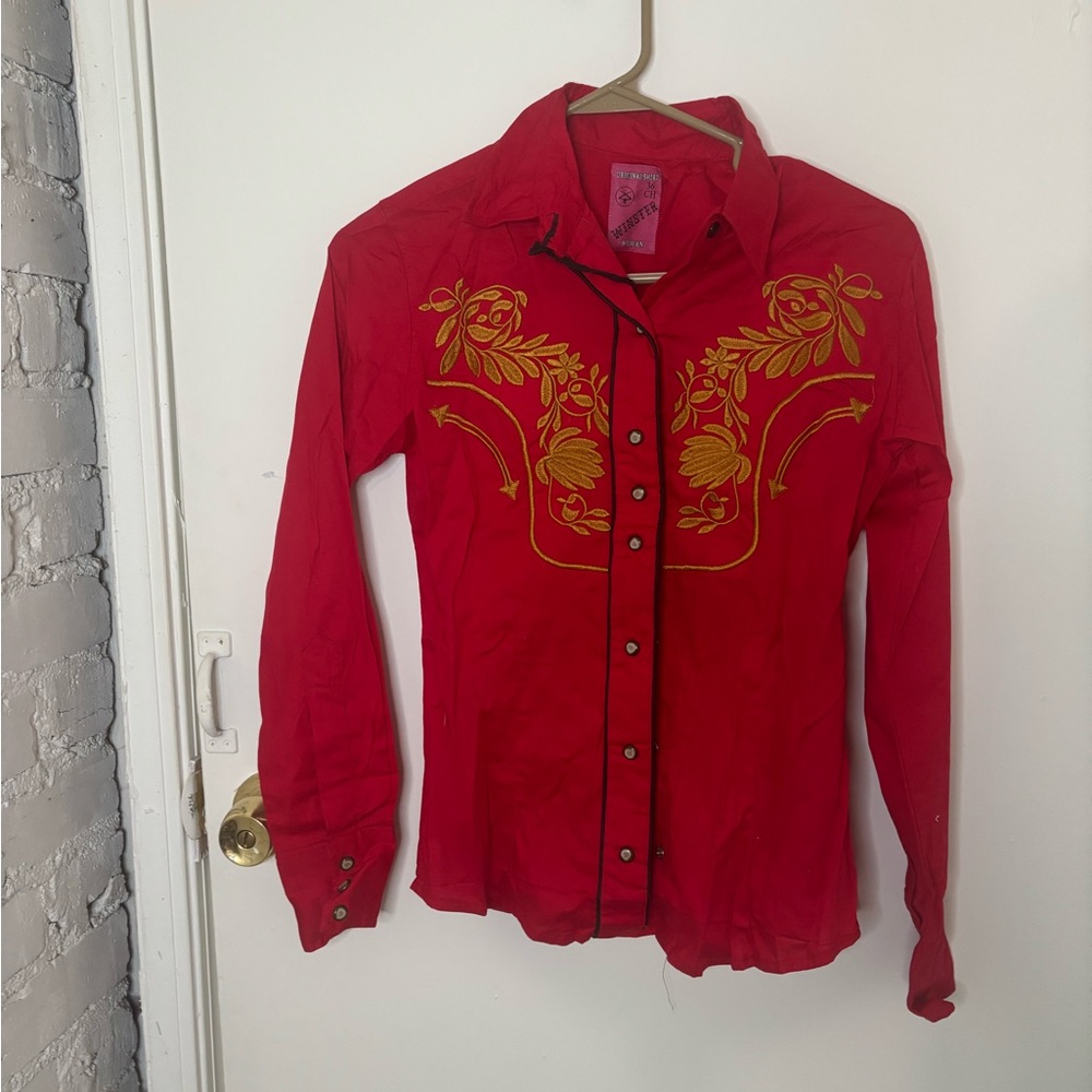 Red Embroidered Button Down Shirt